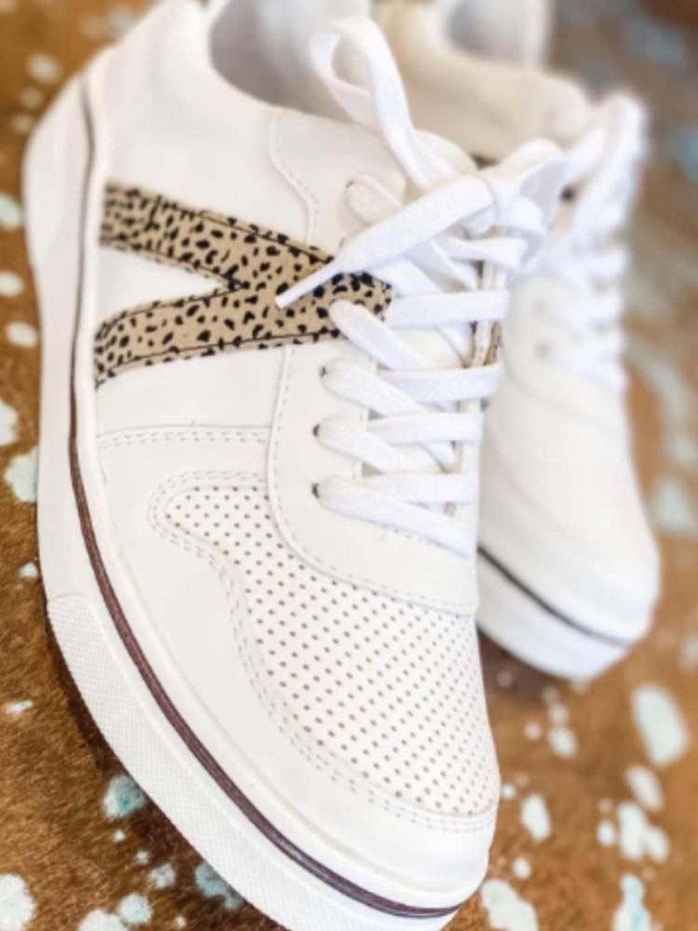 MIA White Sneakers with Tan Leopard Stripe